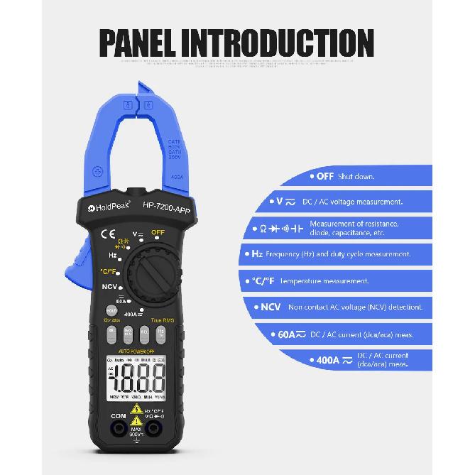 HP-7200-APP Bluetooth Clamp Meter, TRMS 6000 Counts Digital Multimeter, Non-contact AC DC Voltage Current Resistance Tester