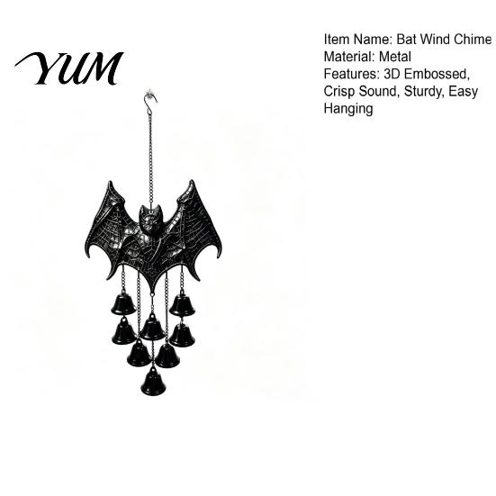 Mysterious Home Entrance Accents Gothic Bat Metal Wind Chime, Halloween Hanging Ornament with Multiple Bells, 3D Indoor Decorative Crafts Embossed