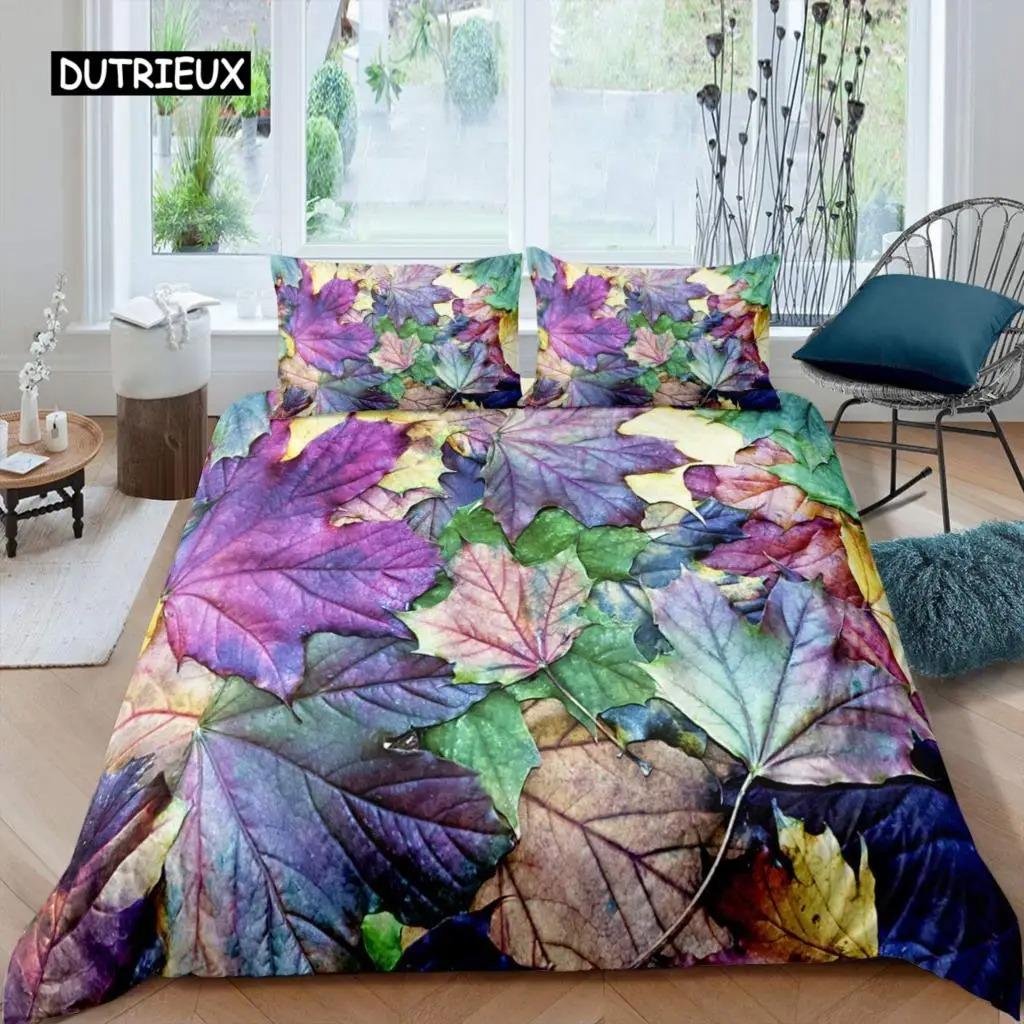 Maple Leaves Duvet Cover Set Colorful Autumn Season Maple Leaves In Unusual Designs Nature Print King Size 23pcs Bedding Set