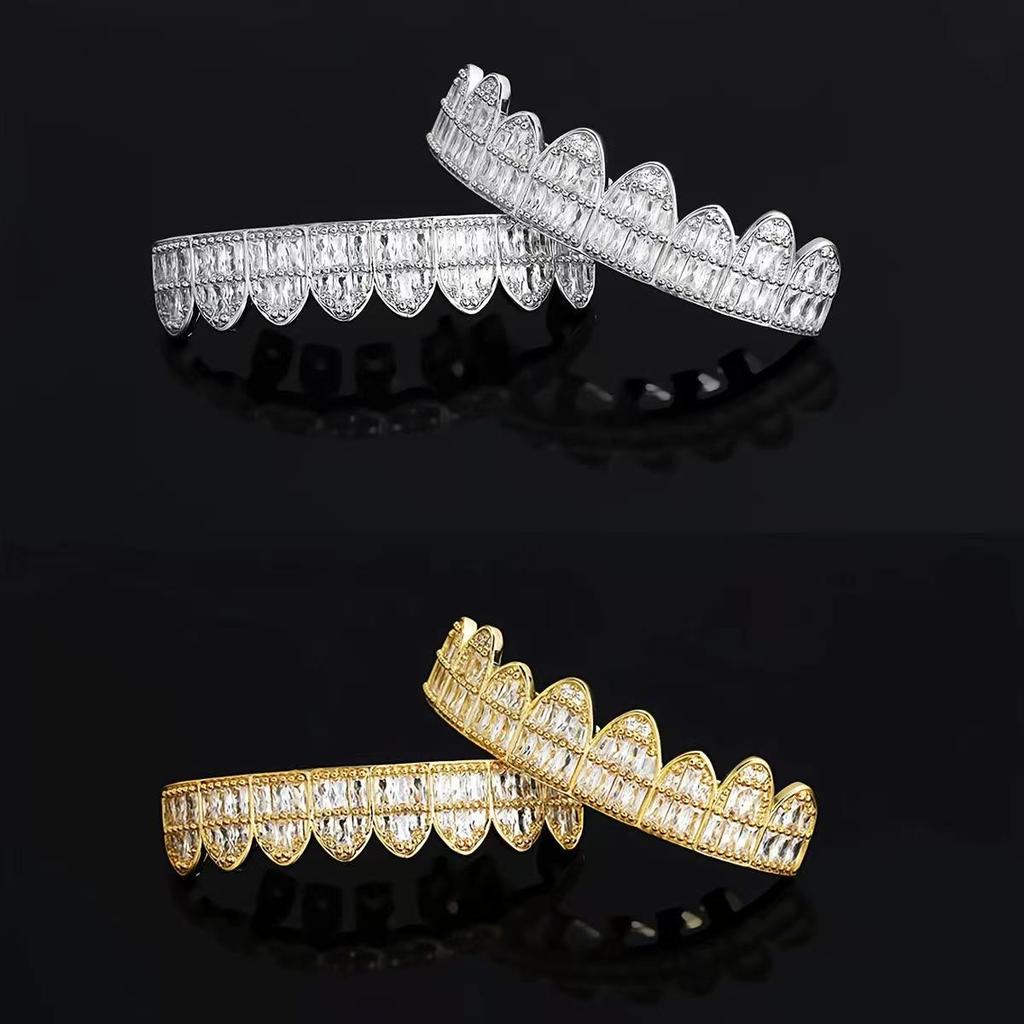 European and American Trendy HIOHOP 18K Gold Plated Hip Hop Grillz with Copper Inlaid Square Rhinestones.