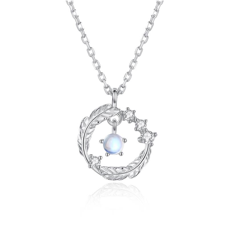 925 Sterling Silver Moonstone Feather Jewelry Set Necklace Earrings Bracelet Women Wedding Anniversary Gift Factory