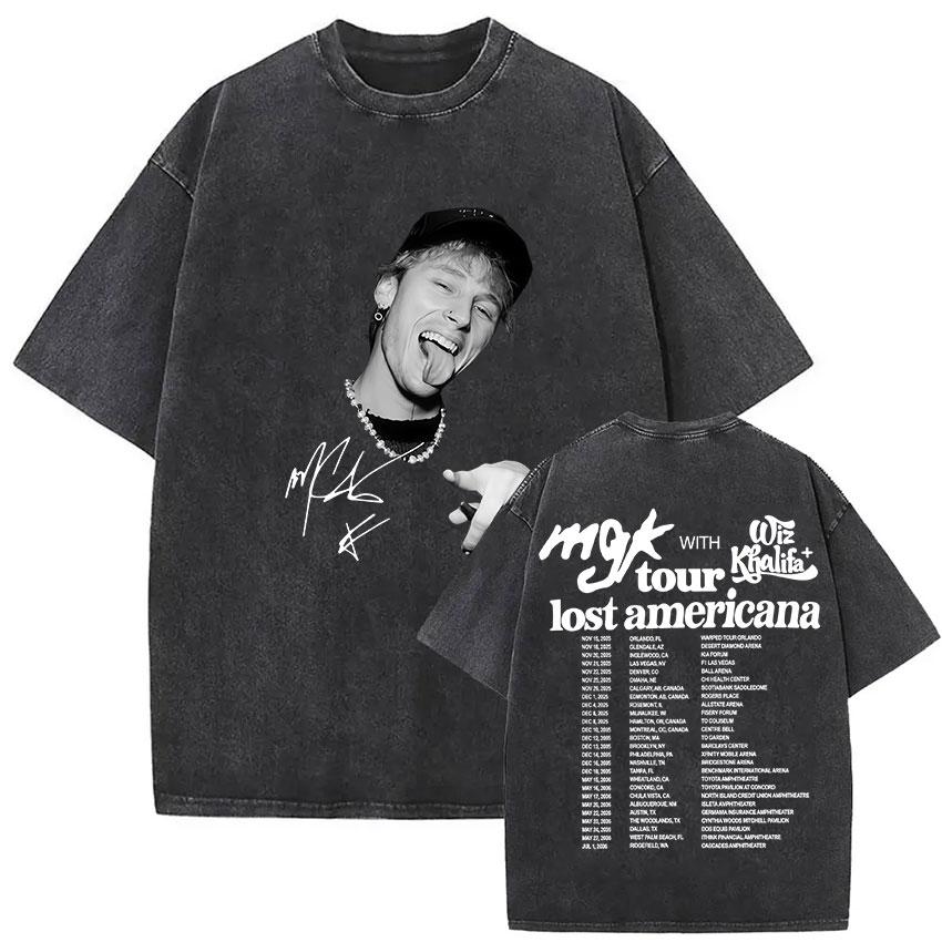 Винтажная стираная футболка с принтом MGK Lost Americana Tour Мужская Женская Харадзюку Высококачественная Модная Оверсайз Футболки