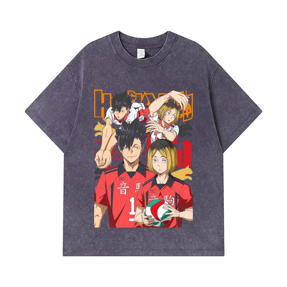 275 GSM Washed T-shirts 100% Cotton Haikyu V6 Print Unisex Heavy Cotton T Shirt