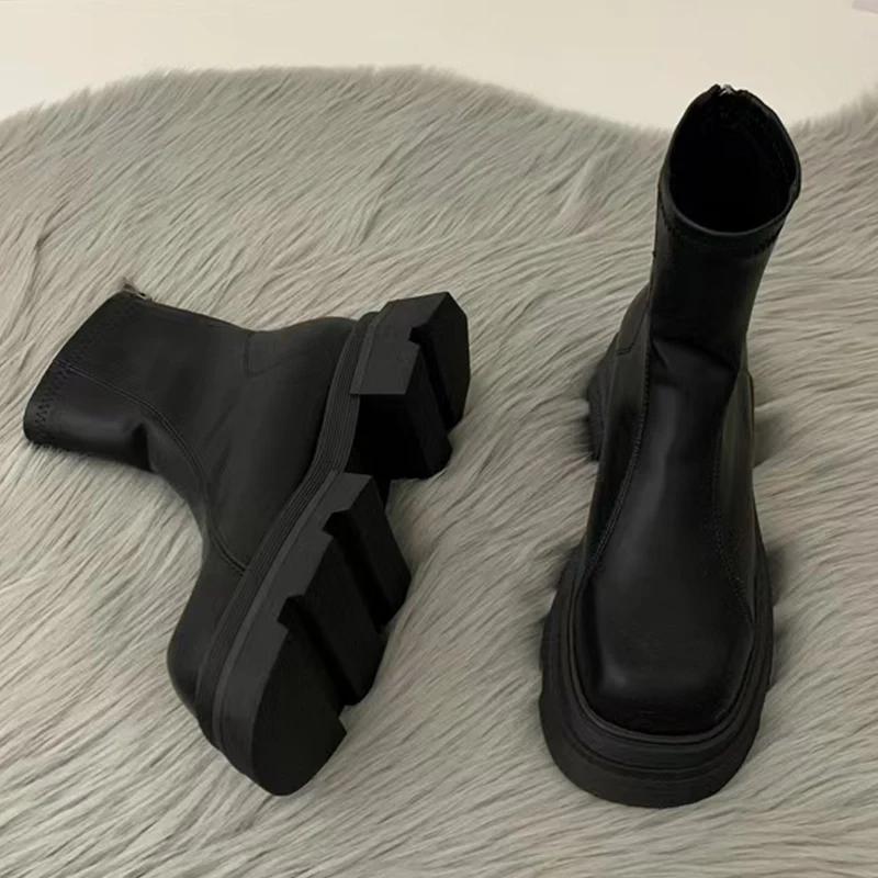 Women Platform Snow Ankle Boots Mid Heels Fashion Motorcycle Boots Trend Winter Designer Leather Shoes Goth Botas De Mujer