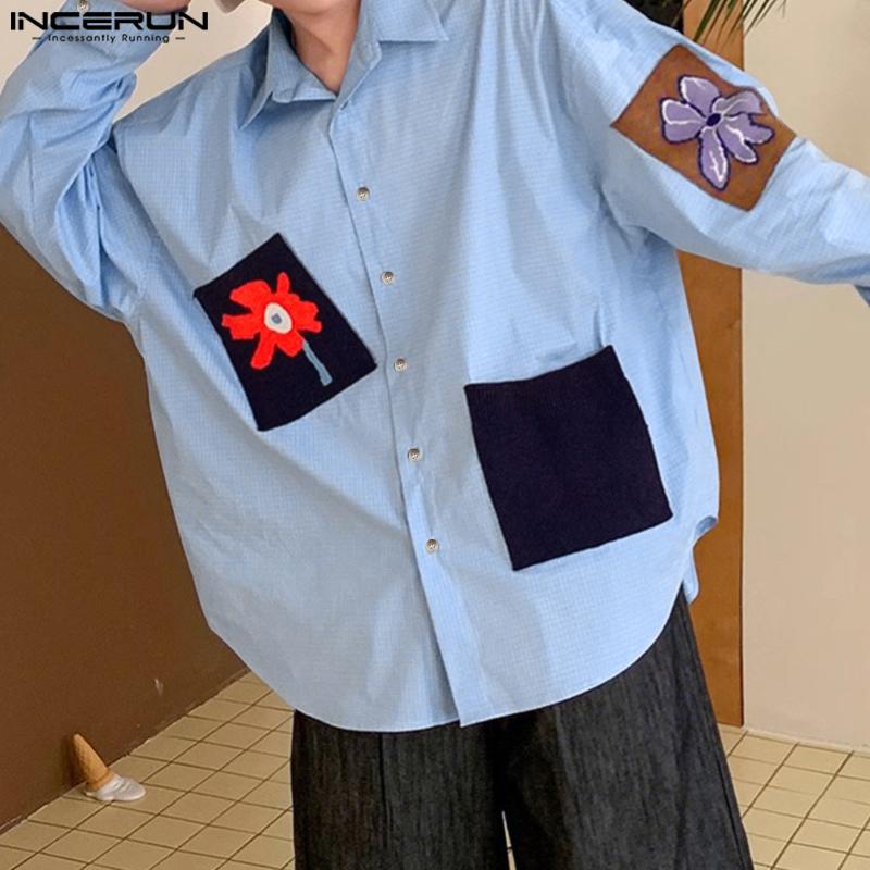 INCERUN Мужские рубашки оверсайз с лацканами, длинным рукавом, цветочным принтом и клеткой, повседневные топы