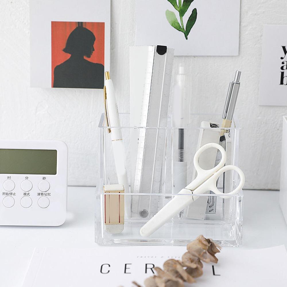 Space Saving Clear Pencil Organizer Cup 3 Compartments Transparent Pen Holder Countertop Desk