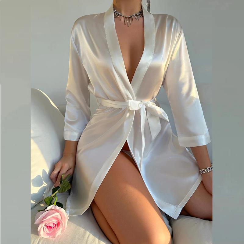 Пижама Женская Однотонный Сатиновый Ночной Халат С Длинным Рукавом и V-образным Вырезом, Халат с Поясом, Женская Одежда для Сна