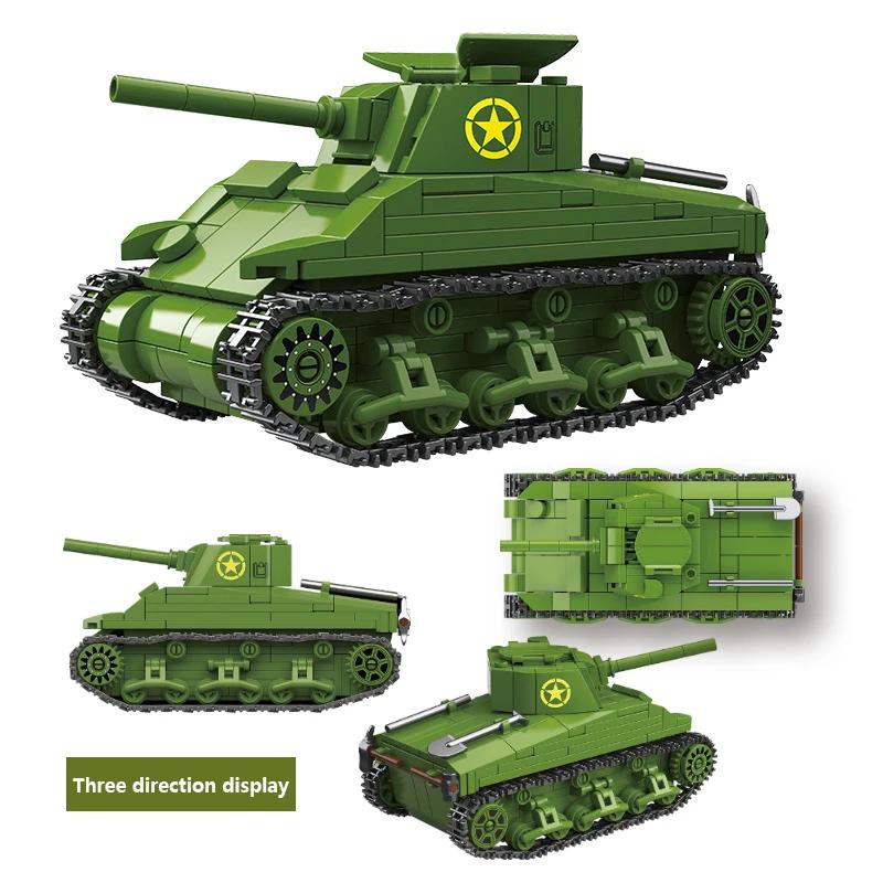 US Army Military World War WW2 M4 Sherman 75 Medium Tank Building Blocks Stuart Tank Bricks Educational Toys designed for Kids Gift