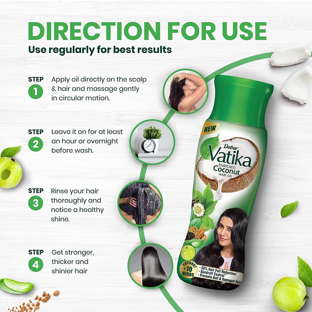 Dabur Обогащенное кокосовое масло для волос Vatika, 450 мл. Клинически протестировано: снижение выпадения волос на 50 % за 4 недели.