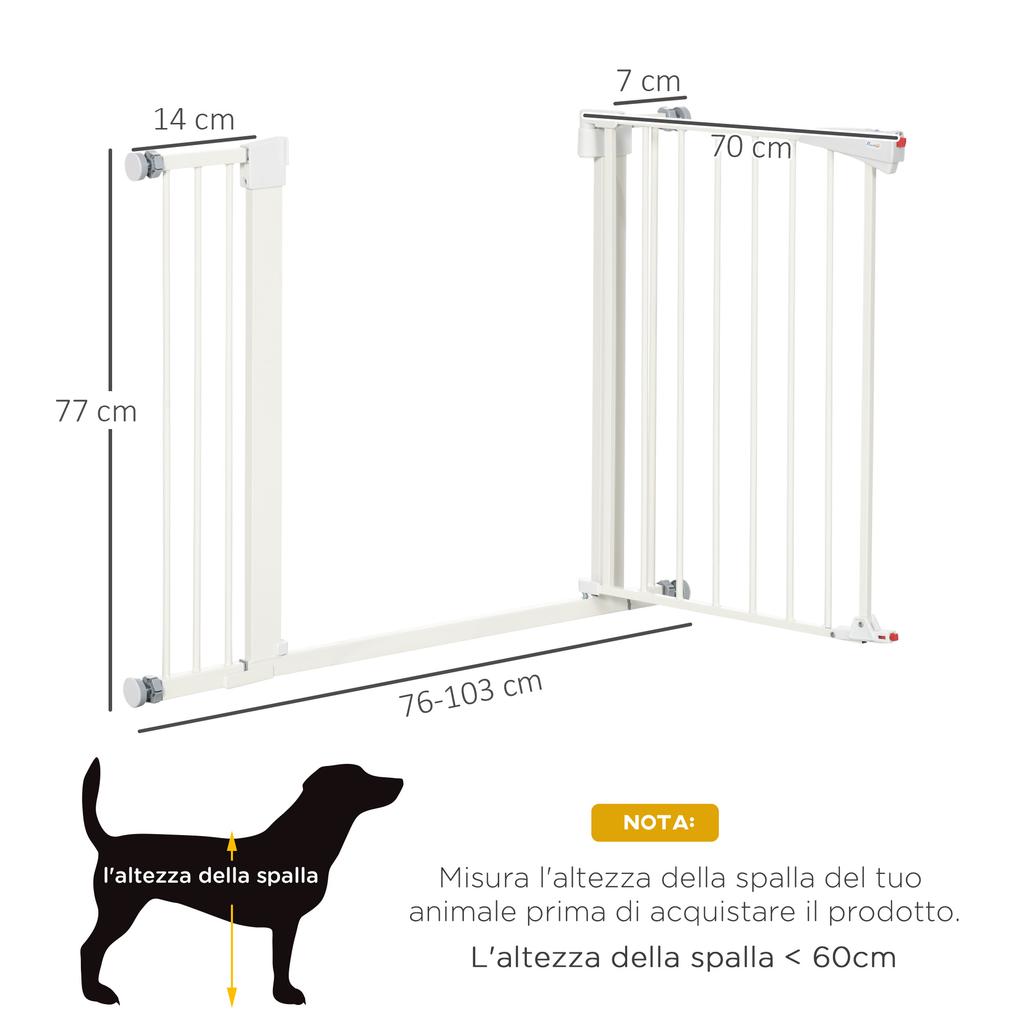 Dog Gate for Small and Medium Size Dogs with Double Lock and Automatic Closure, 76-103x4.2x77 cm, White
