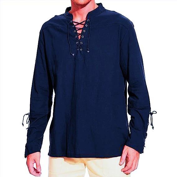 Cotton Linen Shirts for Men Medieval Costume Beach Tops Shirt Pull On Male Loose Casual Streetwear Cosplay Long Sleeve