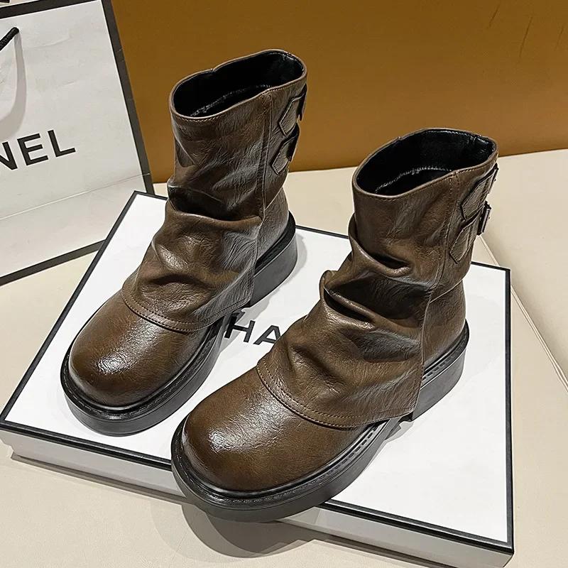 Модные дизайнерские ботинки на платформе с пряжкой для женщин, осенне-зимняя женская обувь с мягкой подошвой, модные повседневные кожаные мотоциклетные ботинки для женщин