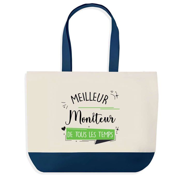 Tote bag - PLANETEE - Sac shopping fond bleu « Meilleur Moniteur de tous les temps » - Coton - 40x45 cm - Grand format