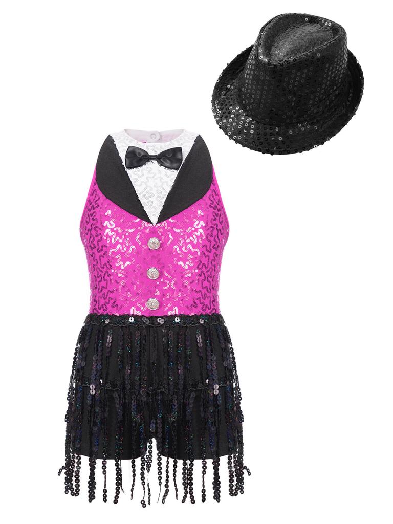 Детский танцевальный костюм для латинского танго, джаза, румбы, костюм из двух предметов для уличных танцев, черлидинга, комбинезон с блестками и шляпой, детский танцевальный конкурс