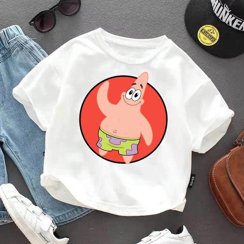 Shortsleeve Tshirt for children of SpongeBobcotton jersey with Anime character print casual summer Tshirts with round neck