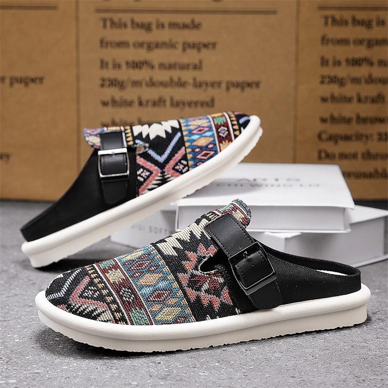 Новые четырехсезонные мужские тапочки из дышащей ткани, подходящей по цвету, на плоской подошве, повседневные, с сумкой на голову, полутапочки