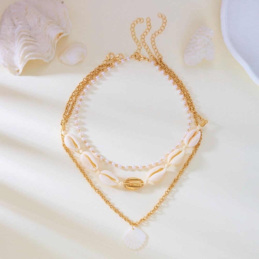 3 Layers Shell Pendant Necklace Bohemian Clavicle Chain Vintage Sweater Chain Beach