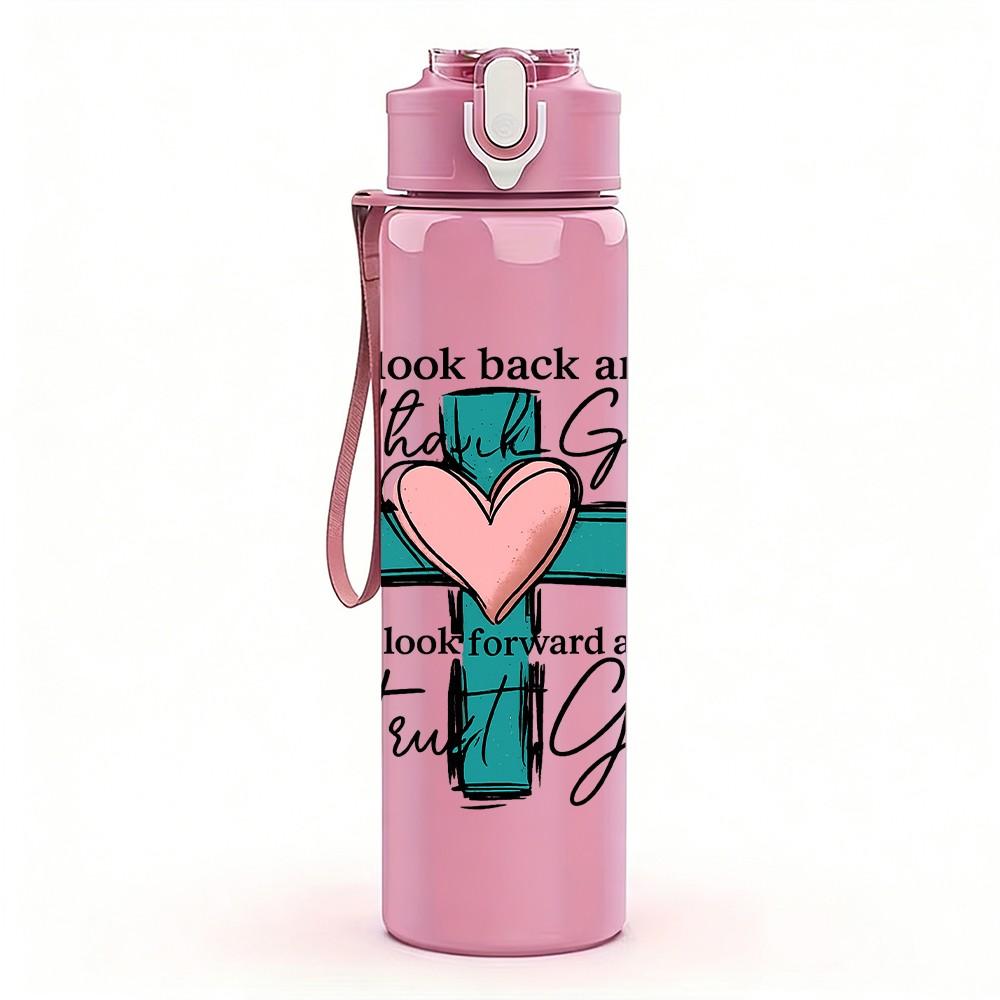 1PC Christian Cross Floral Letter Print 750ml Color Plastic Sports Water Bottle Leakproof Flip Straw Lid Suitable for Sports Office Home Use