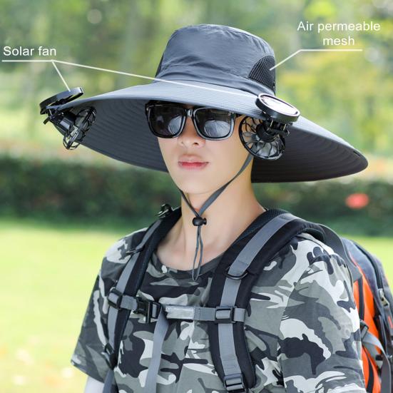 Мужская рыбацкая шляпа с 2 солнечными вентиляторами с большими полями, ветрозащитный ремешок, зарядка через USB, защита от УФ-лучей и солнца, водонепроницаемая, отличная воздухопроницаемость, рыбалка на открытом воздухе