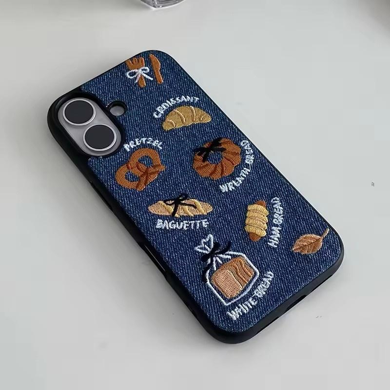 Ретро Джинсовая Вышивка Тост Теплый Тканевый Чехол для Телефона для iPhone 17 Air 16 15 14 13 Pro Max Милая Задняя Крышка