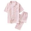 Zuevi Короткий Двойная Клетка Свободный Открытый Розовый Женская Пижама, Рукава, Домашняя одежда, 100% Хлопок, Марля, Домашняя одежда, Узор, Дышащий, Посадка, Воротник,