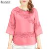 ZANZEA Women Casual Round Neck 3/4 Sleeve Summer Patchwork Blouse