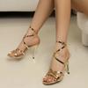 Летняя мода Туфли-босоножки с открытым носком на высоком каблуке 10 см Женские сандалии Туфли-лодочки Женская обувь на шнуровке на тонком каблуке Вечерняя повседневная женская обувь