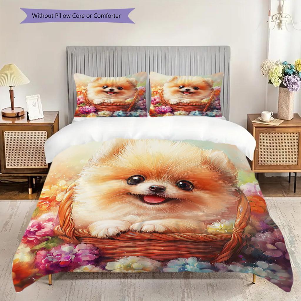 Pomeranian Pattern Bedding Quilt Set Quilt Cover Pillowcase Home Decoration Birthday Gift (1 * duvet cover + 2 * pillowcase, without core)
