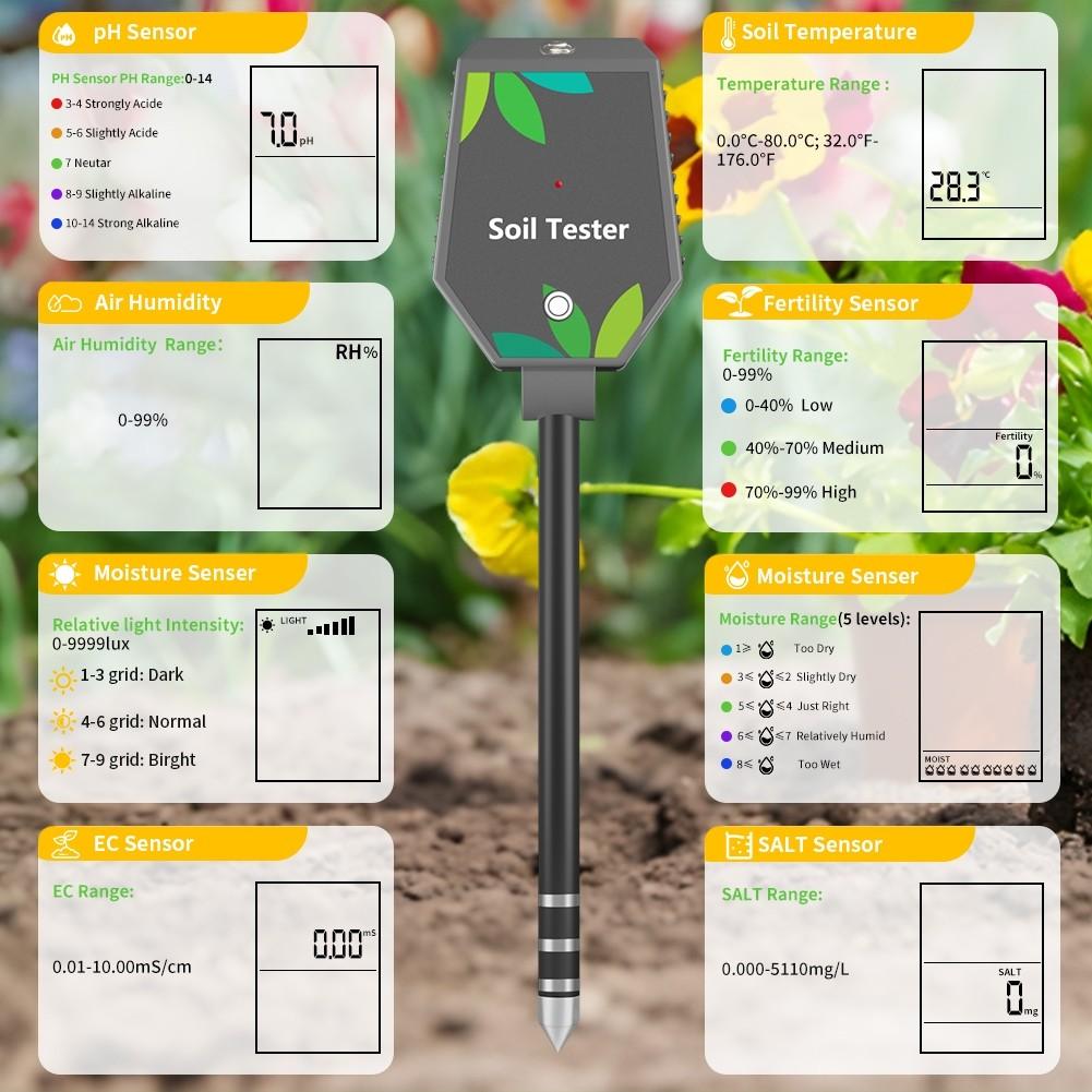Умный Bluetooth тестер почвы 8 в 1 EC/pH/Плодородие/Соль/Влажность воздуха/Температура/Солнечный свет/Мониторы влажности почвы