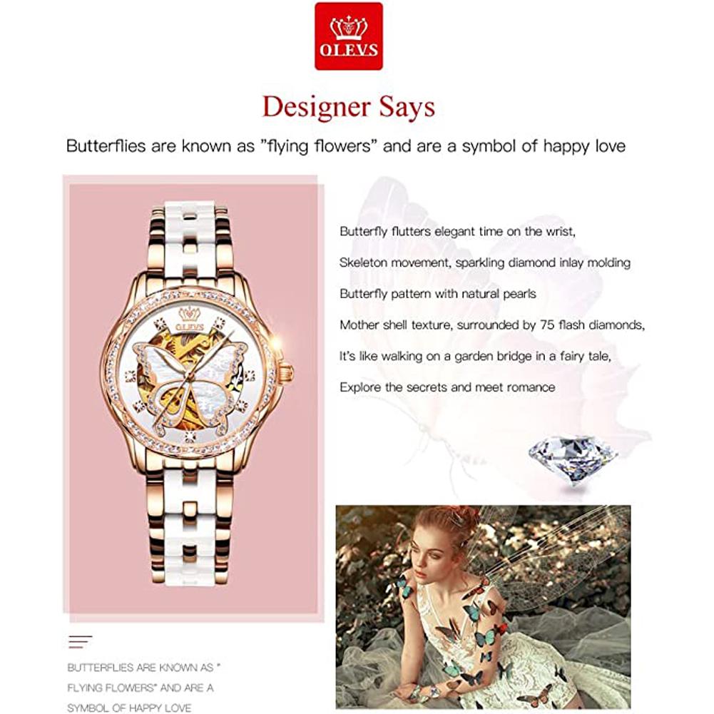 OLEVS Women's Automatic Watches Skeleton Mechanical Ladies Elegant Luxury Dress Butterfly Diamond White Ceramic Band Watch Gift