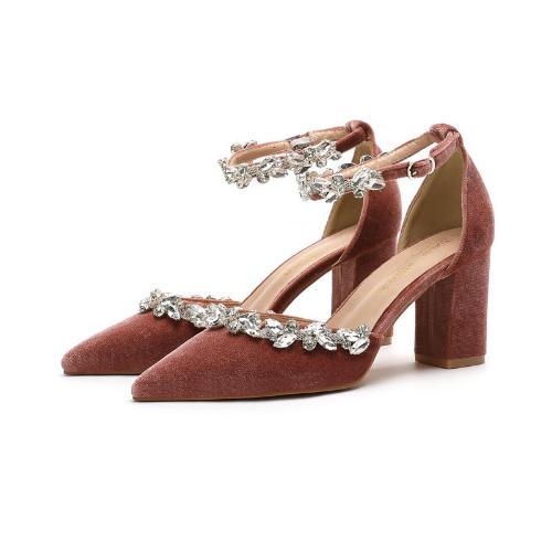 Модная женская бархатная обувь на массивном каблуке, с острым носком, с открытой промежностью, со стразами на ремешке, свадебная обувь для невесты и подружек невесты