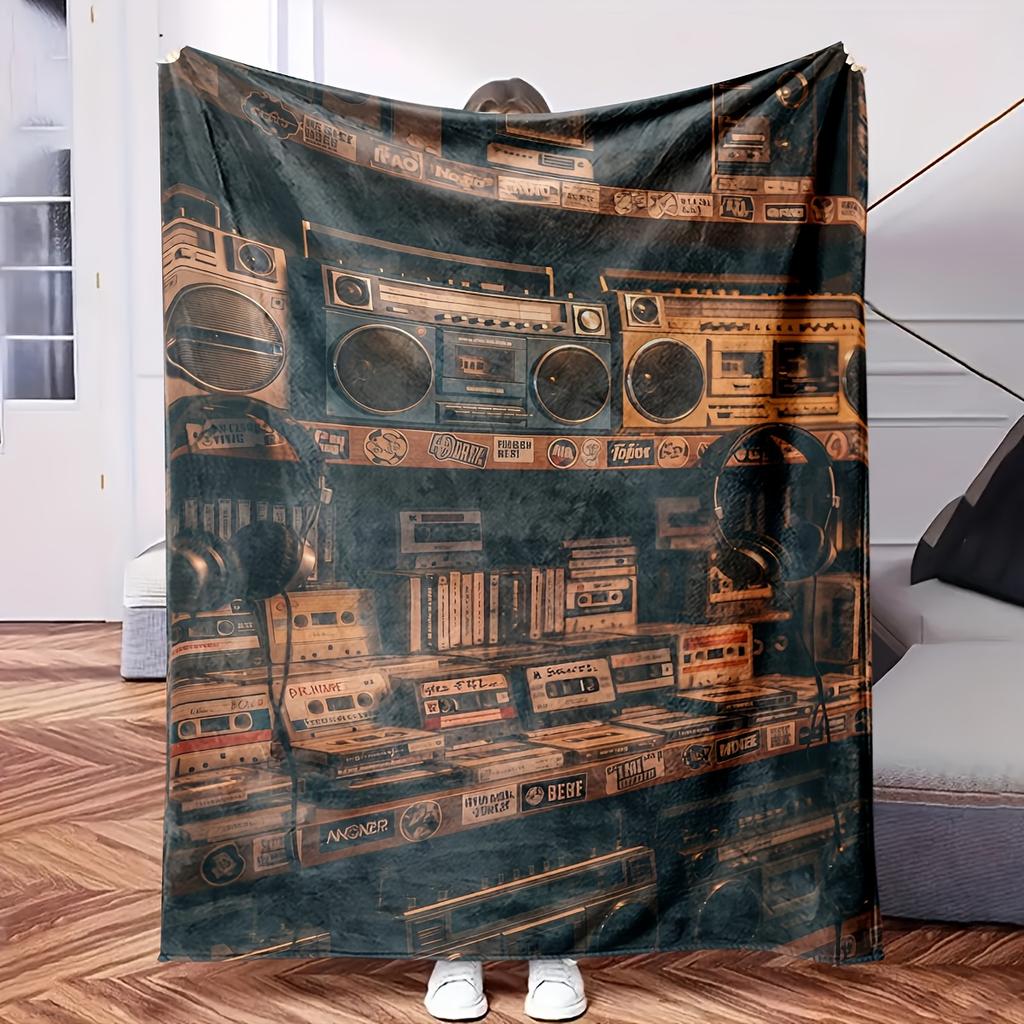 A Wall Full of Cassettes and Old Radio S.-Themed Blanket - Comfortable Flannel Fabric Hypoallergenic Suitable for All Seasons - Id