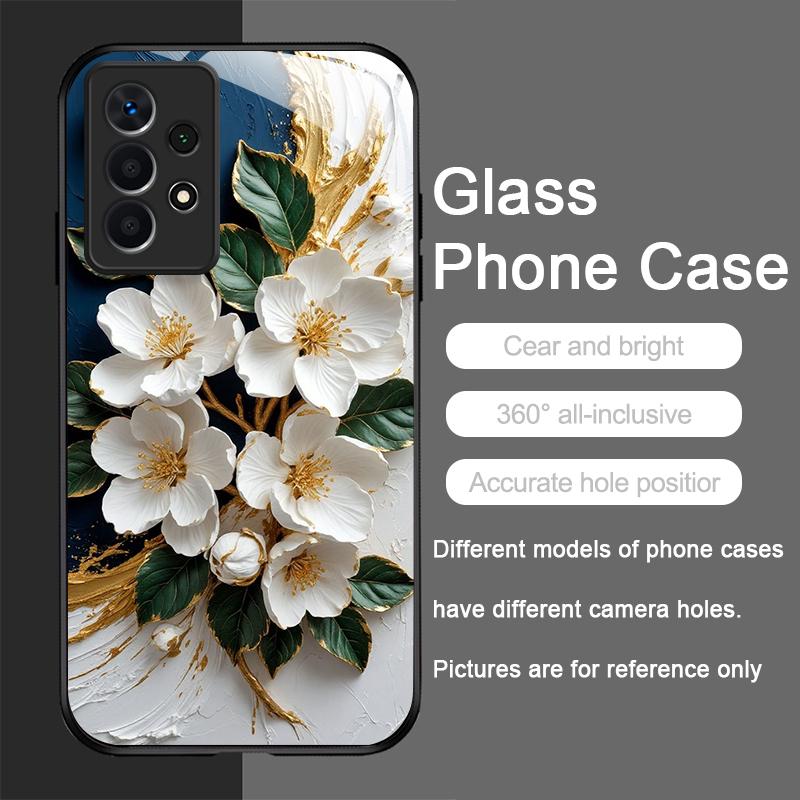 Чехол из закаленного стекла с текстурой мрамора и цветком белой камелии для Samsung Galaxy S26 S25 Ultra S24 S23 Plus S22+ S21 FE