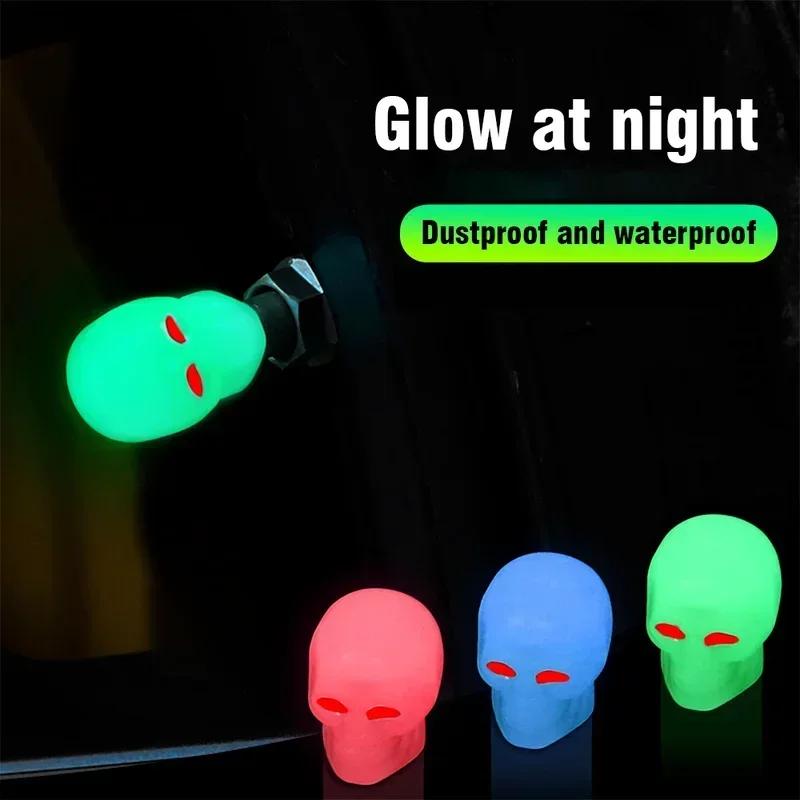 4pcs Luminous skull Automobile tyre luminous valve cap automobile electric vehicle motorcycle valve cover luminous valve Caps