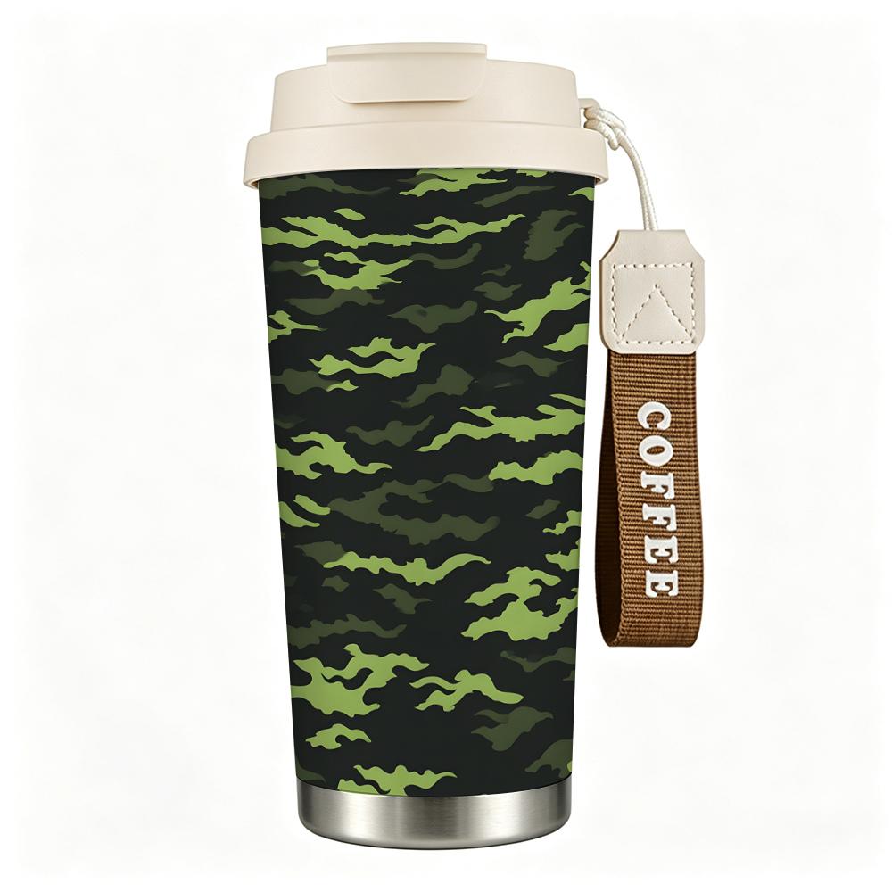 Green Camo Pattern Stainless Steel Insulated Coffee Tumbler,Double Vacuum Thermal Travel Mug,Reusable Leakproof Cup for Outdoor Sport