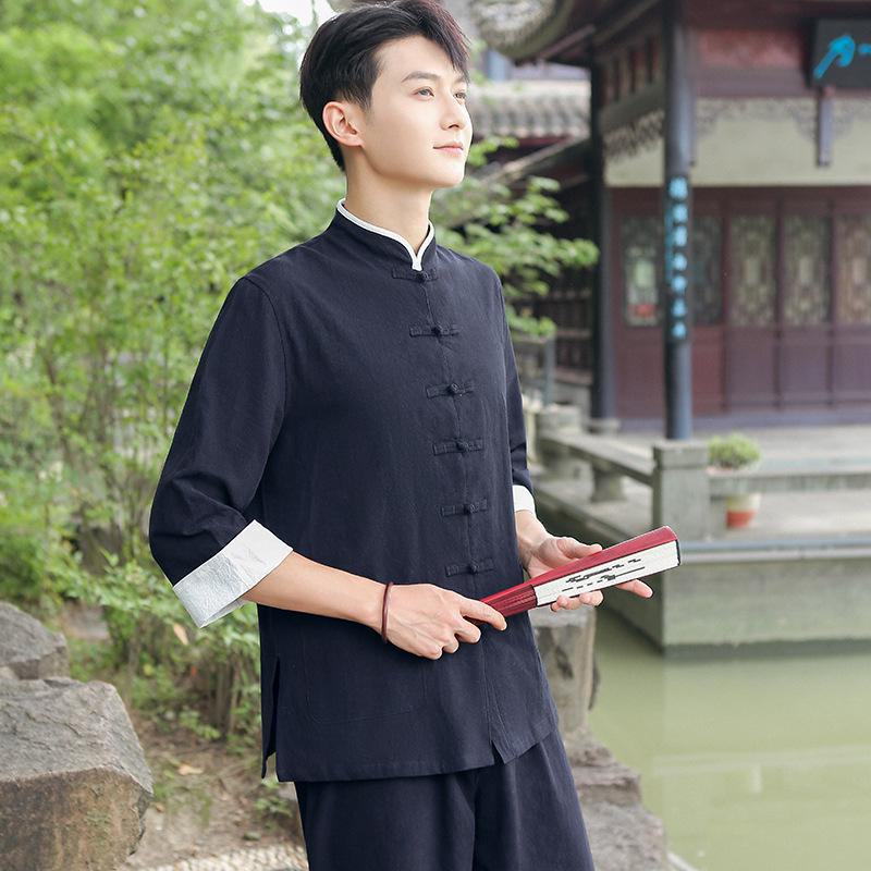 Мужская льняная рубашка в китайском стиле: Костюм Тан Весна, Лето, Осень