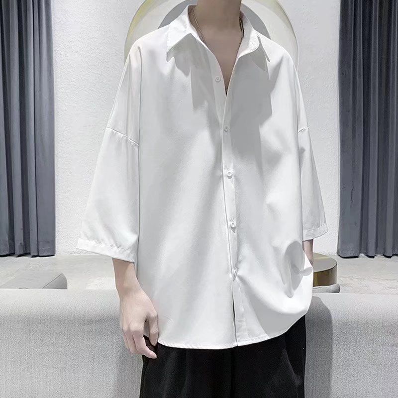 Белая мужская рубашка с рукавом пять четвертей в ленивом стиле из ледяного шелка, летняя, красивая, модная, брендовая, свободная, повседневная куртка с коротким рукавом
