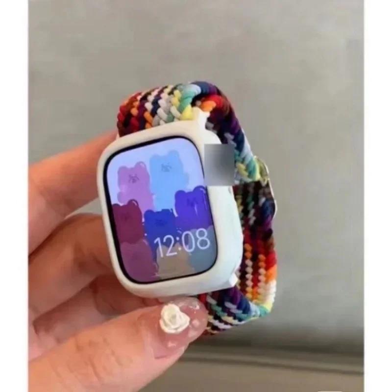 Корейский милый плетеный ремешок + Чехол для Apple Watch Band 49мм 46мм 45 44 38 42 Нейлоновый браслет для iWatch Series 10 9 8 7 6 5 4 3 SE