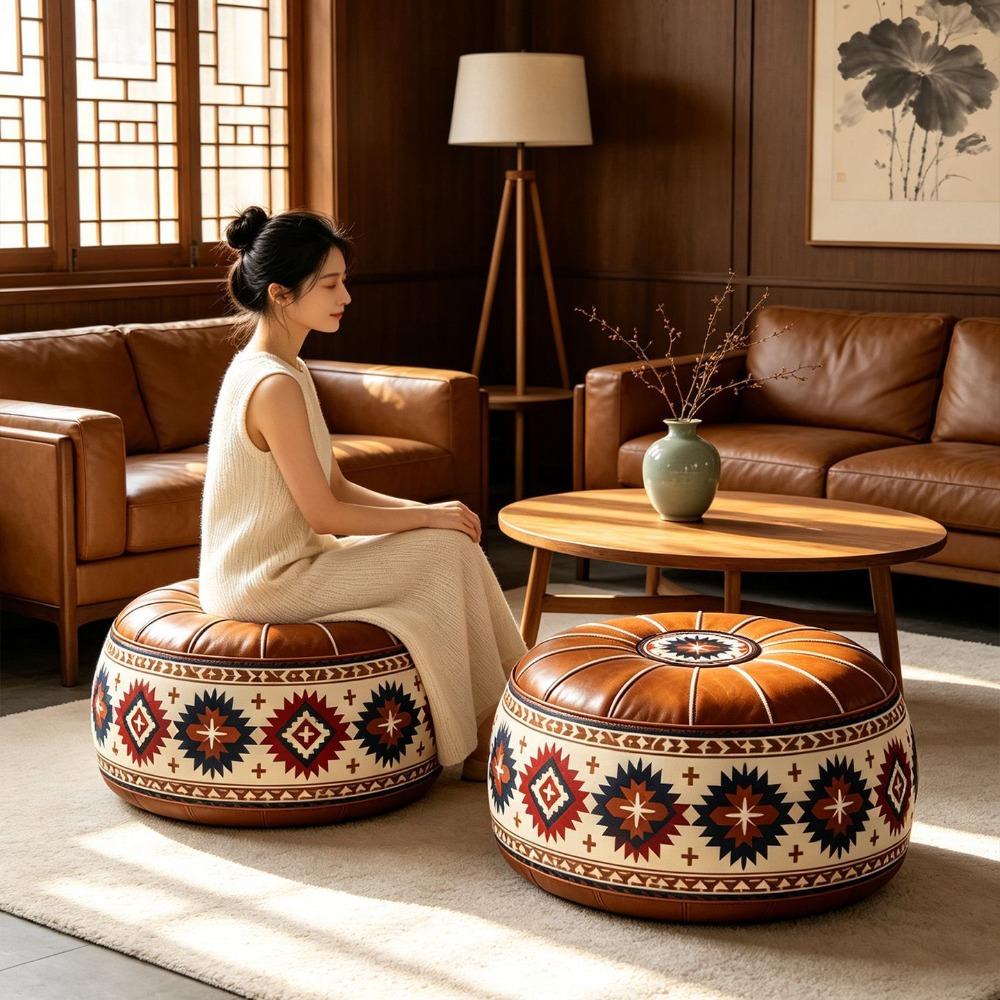 Unstuffed Round Footstool Cover Boho Style Storage Ottoman Clothes Storage Bag Living Room