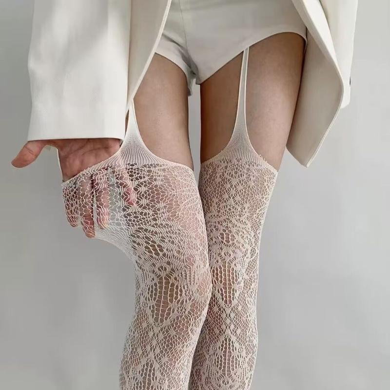 Personality Print Fishnet Stockings Women Sexy Lace Hollow Out Thigh High Socks Gothic Lolita Japanese Over The Knee Long Sock