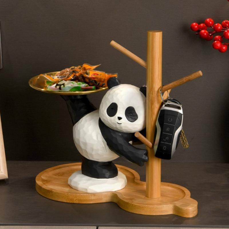 Decorative Panda Resins Statue with Storage Tray for Key and Trinkets Animal Sculpture Entryway Living Room Table Decors