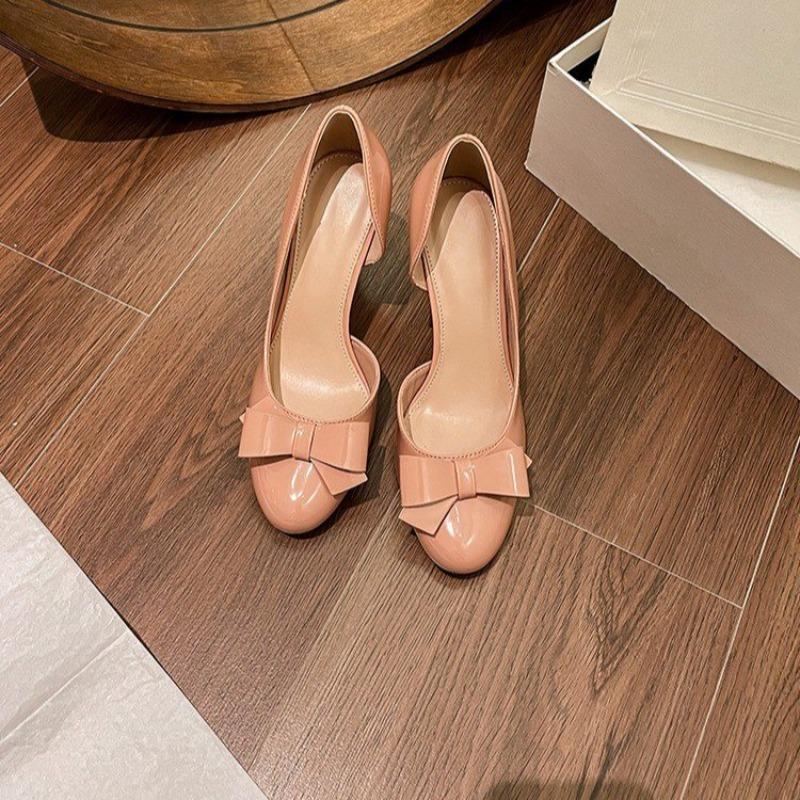 Fashion Stiletto Single Shoes Autumn New Round Toe Shallow Mouth Bow Slip Foot Anti-slip Wear-resistant High Heels