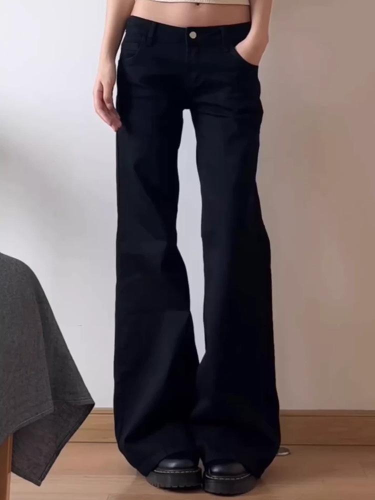 Женские широкие расклешенные джинсы большого размера черного цвета с заниженной талией - американский стиль, ранняя осень