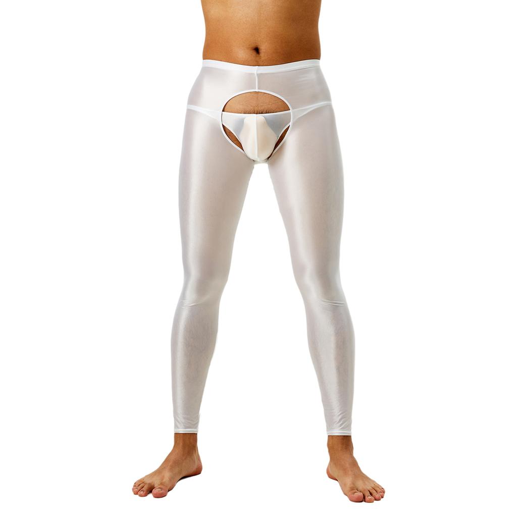 Mens Glossy Open Crotch Leggings Pants High Waist Slim Fit Tights Underwear Baselayer Pants for Nightclub Dance Wear