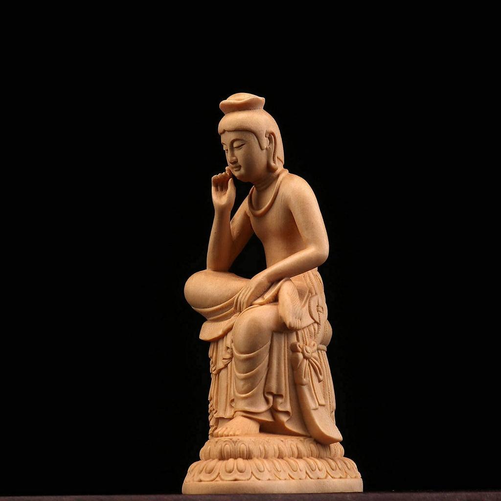 Maitreya Bodhisattva Figurine, Carved from Cypress Wood, Natural Wood Color, Half-Legated Pensive Buddha Statue (Size: 12cm)