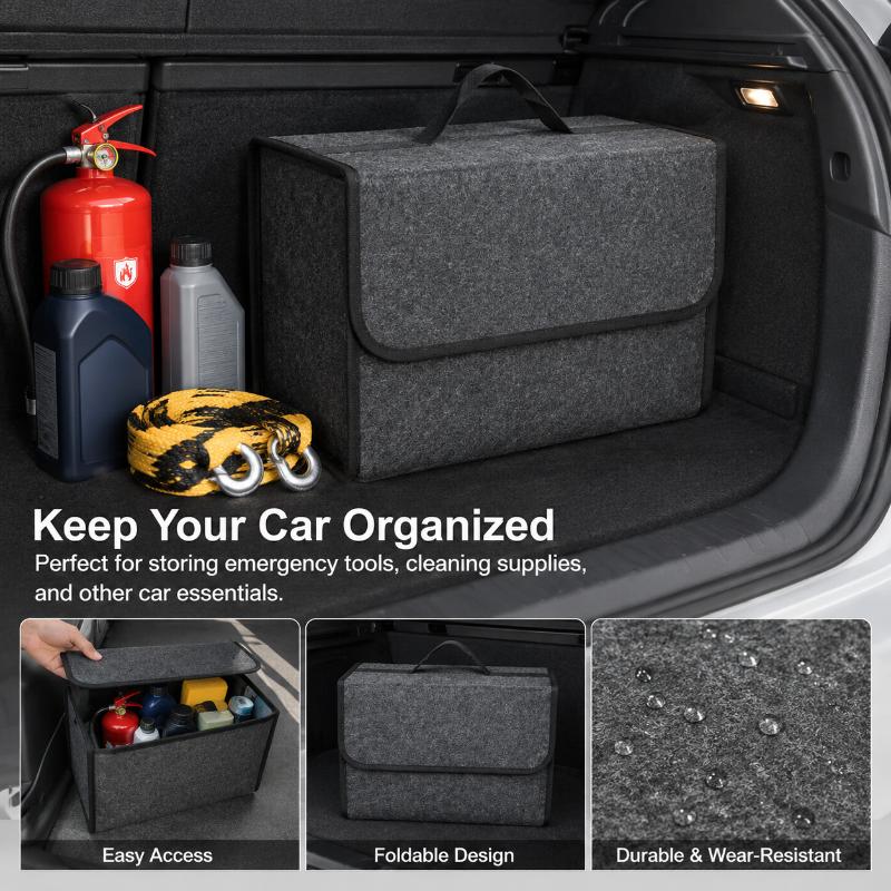 Thick Felt Car Trunk Storage Bag with Non-slip Firm Handle Large Capacity Organizer for Travel Grocery Camping Use