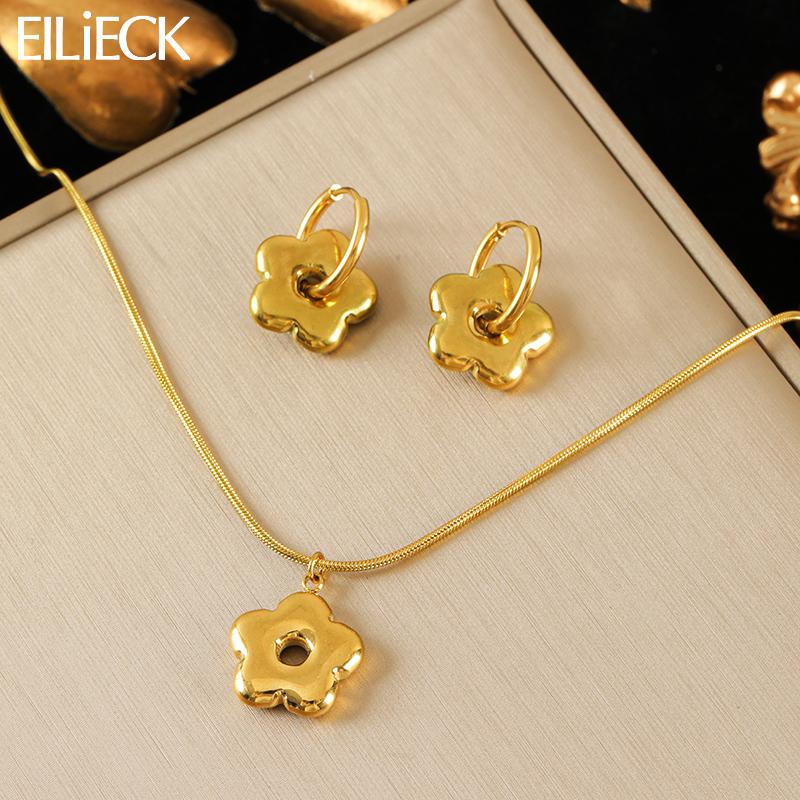 EILIECK 316L Stainless Steel Metal Flower Necklace Earrings Set For Women Fashion Party Gold-Plated Jewelry Set Jewelry