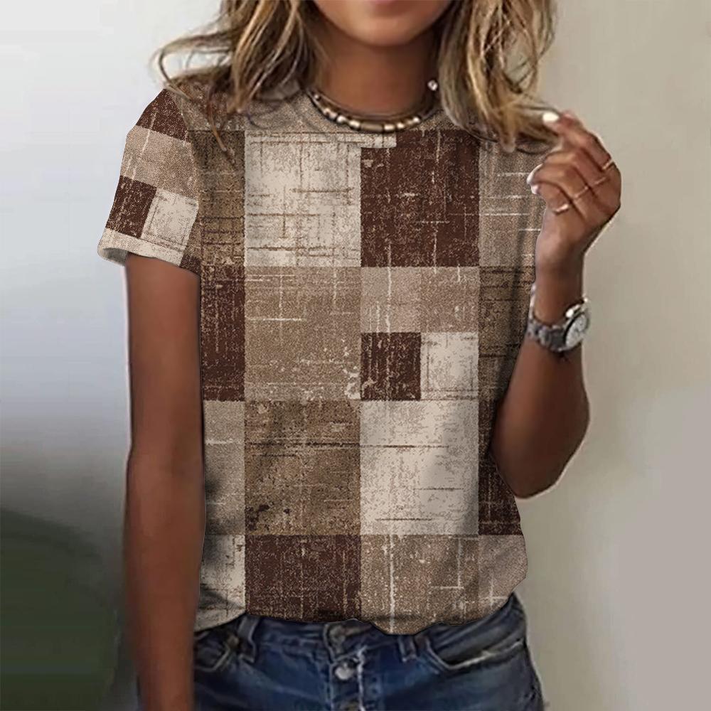 Summer Women's T-shirt, Checkered Printed Casual Round Neck Shirt, Fashionable Street T-shirt