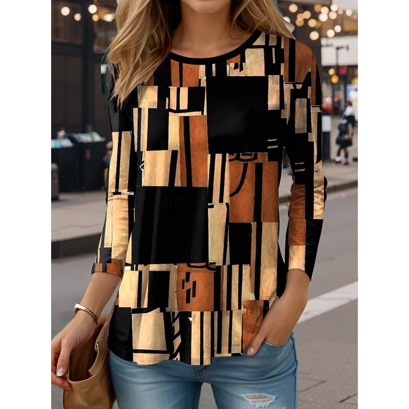 Women's Casual T-shirt 3D Printed Checkered Prints Round Neck Retro Elegant Long Sleeves Women's Fashion Pullover Long Sleeve Tops
