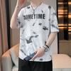 Ice Silk T-shirt for Men's Summer Short Sleeved Thin Letter Printed Round Neck Clothing Cool and Loose Fitting Top